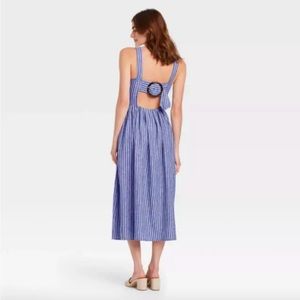 Who What Wear Back Buckle Menswear-Inspired Blue and White Striped Linen Dress